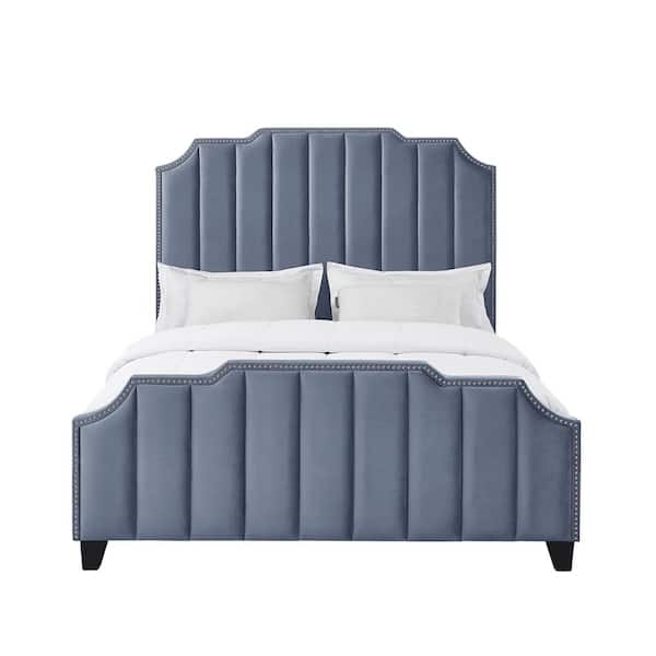 Inspired Home Aizen Sky Blue Bed Frame Material Wood Queen Size Platform Bed With Upholstered Velvet Features