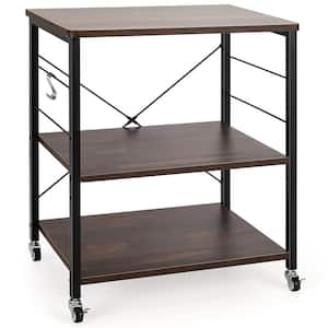 3-Tier Brown Wood Kitchen Cart with 10-Hooks