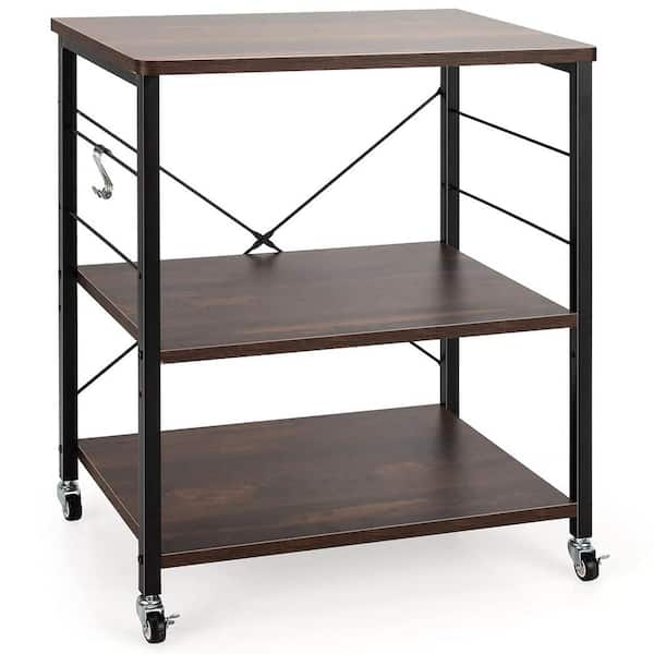 Bunpeony 3-Tier Brown Wood Kitchen Cart with 10-Hooks