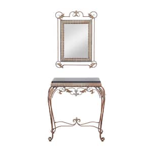 23 in. Bronze Extra Large Rectangle Metal Leaf Console Table with Mirror with Scrolled Legs (2- Pieces)