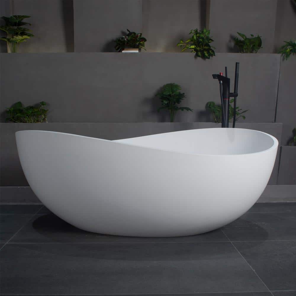 Freestanding Soaking Solid Surface Bathtub 63 in. x 37.4 in. with Center Dr