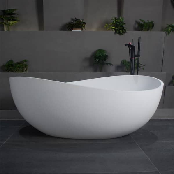 Unbranded Freestanding Soaking Solid Surface Bathtub 63 in. x 37.4 in. with Center Drain in Matte White