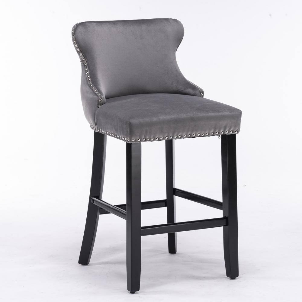 26.7 in. Gray Wing Back Wood Bar Stool Tufted Upholstered Velvet