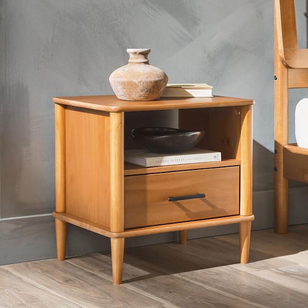 Walker Edison Furniture Company 1-Drawer Caramel Solid Wood Transitional Storage Nightstand with Tapered Legs
