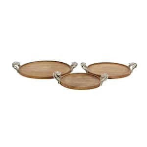 Brown Mango Wood Decorative Tray with Metal Handles (Set of 3)