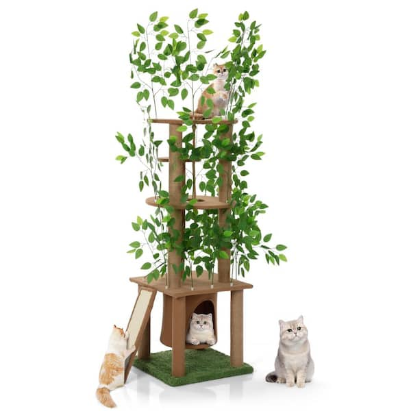 Coziwow 76 in. Cat Tree with Green Leaves 5 Tier Cat Tower and Cat Condo Scratchers Indoor Home Decor Brown