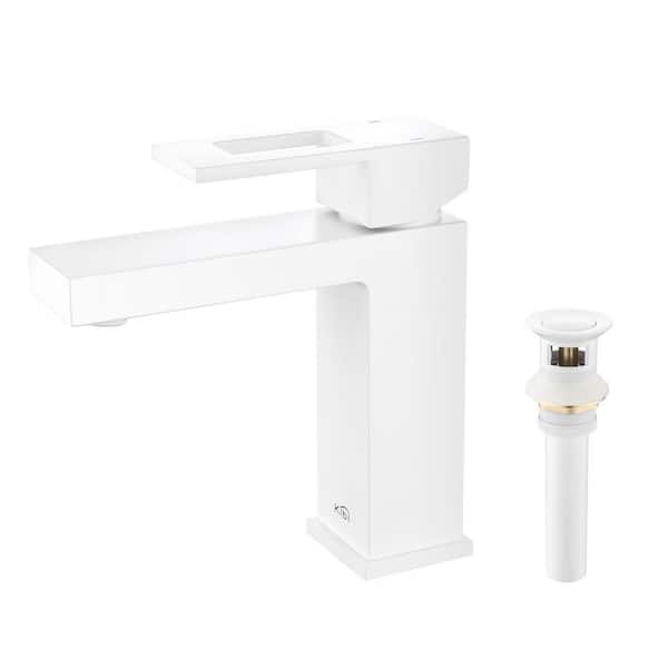 Single Hole Cubic Single Handle Bathroom Vanity Sink Faucet with Pop Up Drain in Matte White