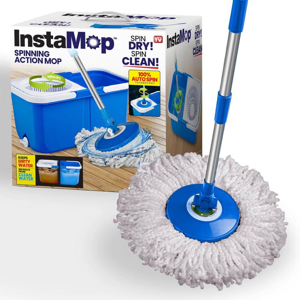 InstaMop Spin Mop and Bucket Set, 2-Bucket Floor Mop Bucket with Wringer,  Mop and Bucket Set, Washer Machine Safe Microfiber Head, Push-Down Wringing