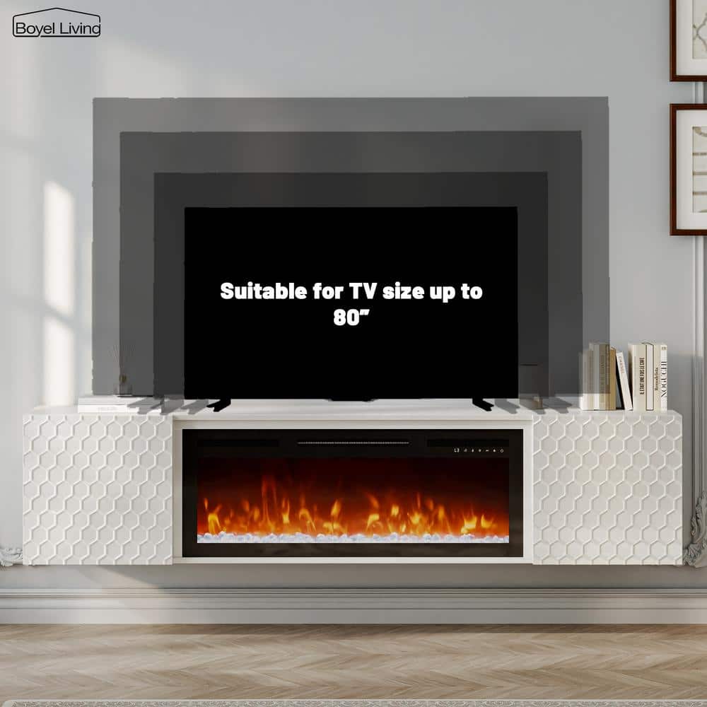 White Wall Mounted TV Stand with Electric Fireplace and Storage