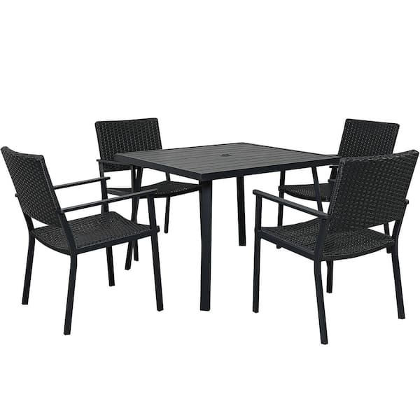 TIRAMISUBEST Metal Outdoor Dining Table Set with Umbrella Hole and 4 Dining Chairs