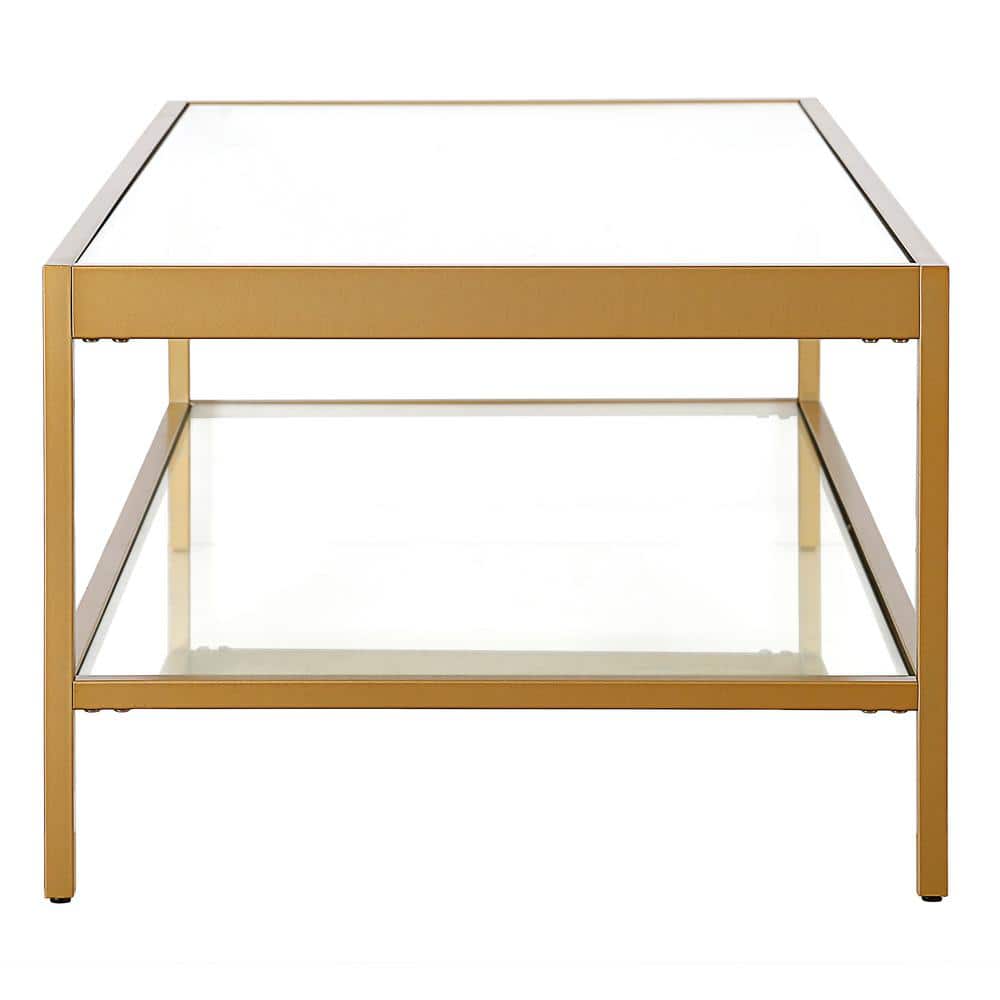 Modern Rectangular Metal & Glass Coffee Table with Shelf - Brass Finish