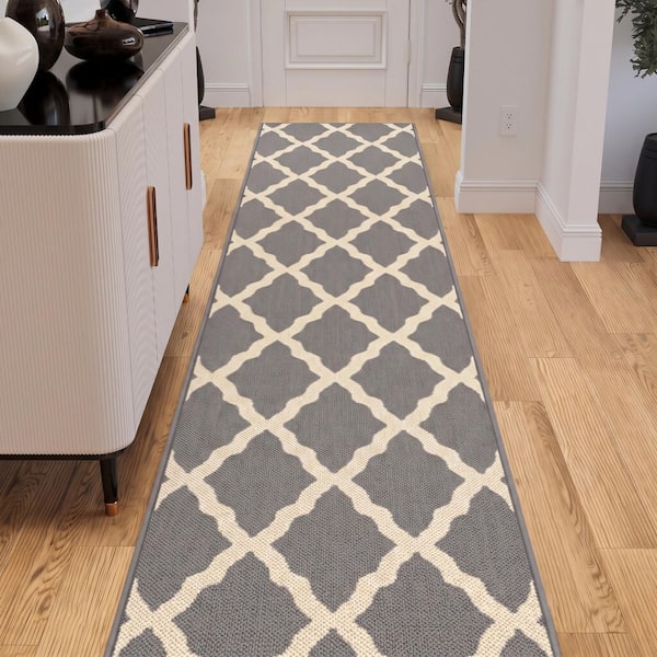 Indoor 2 ft. 7 in. x 11 ft. Gray Non-Slip Hallway Runner Rugs for High Traffic,Trellis Design Area Rug