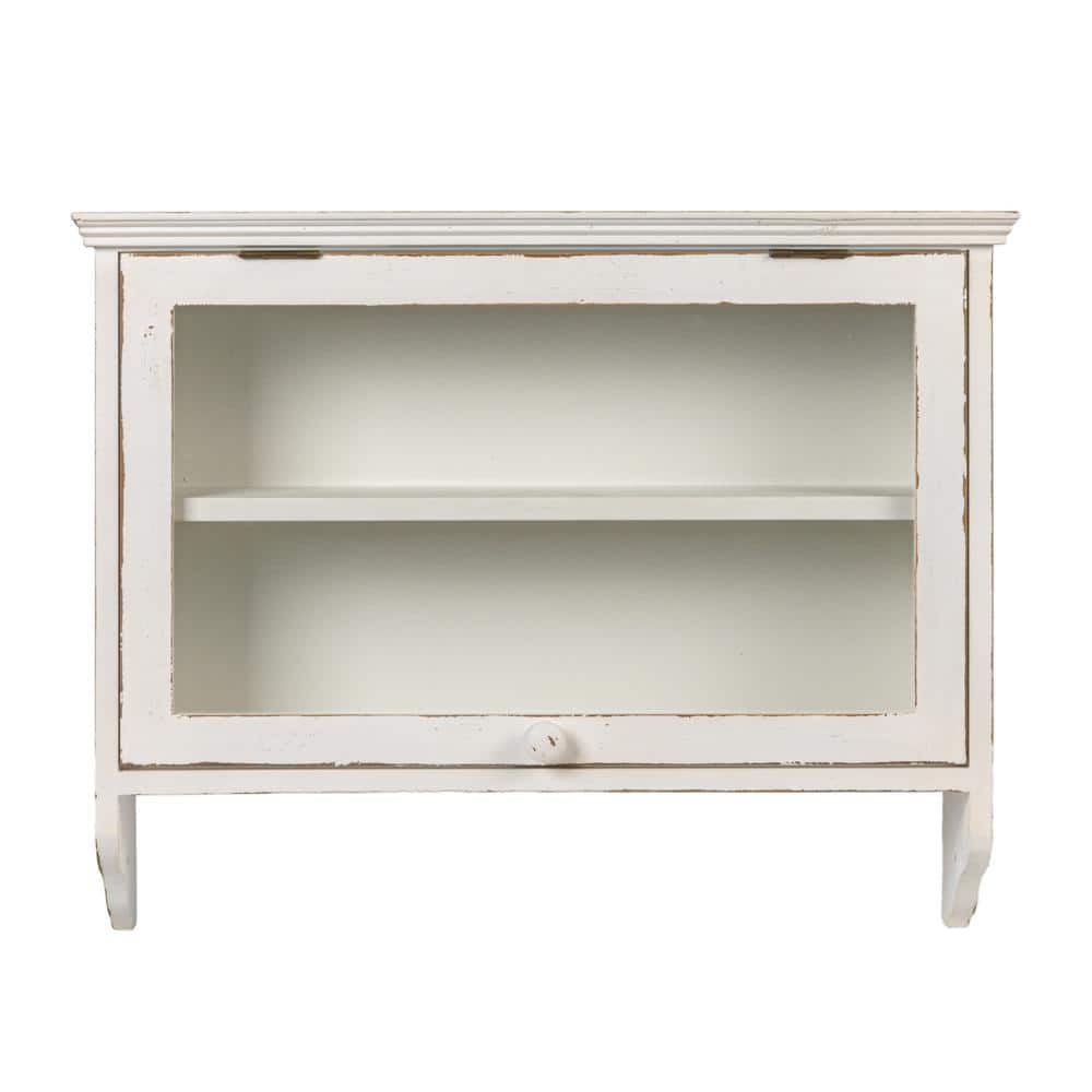 Ivory Wood and Glass Wall Cabinet with Hooks