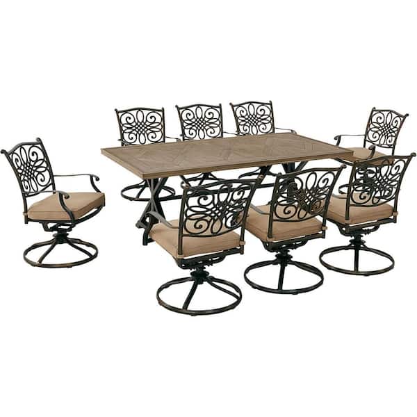 Hanover Traditions 9-Piece Aluminum Outdoor Dining Set with Tan Cushions, 8 Swivel Rockers and 42 in. x 80 in. Tile Top Table