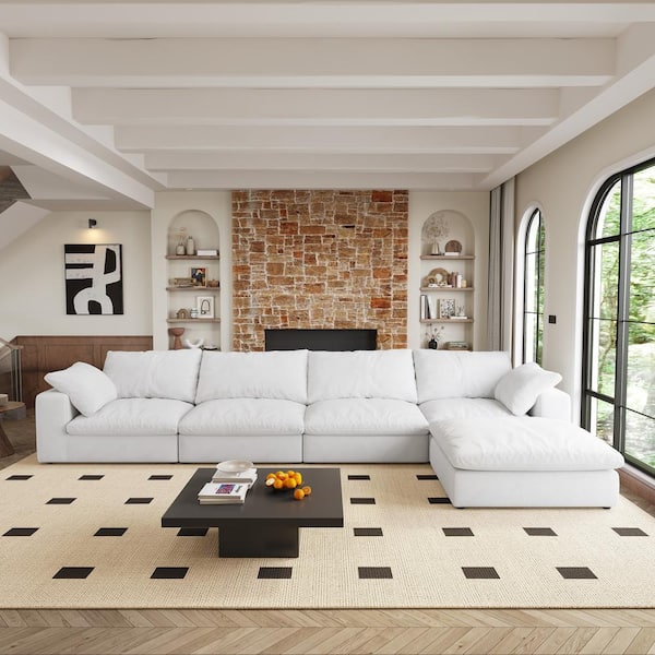 160 in. Square Arm 5-Piece L Shaped Linen Large Size Cloud Feather Sectional Sofa for Apartment Living Room in White-L1