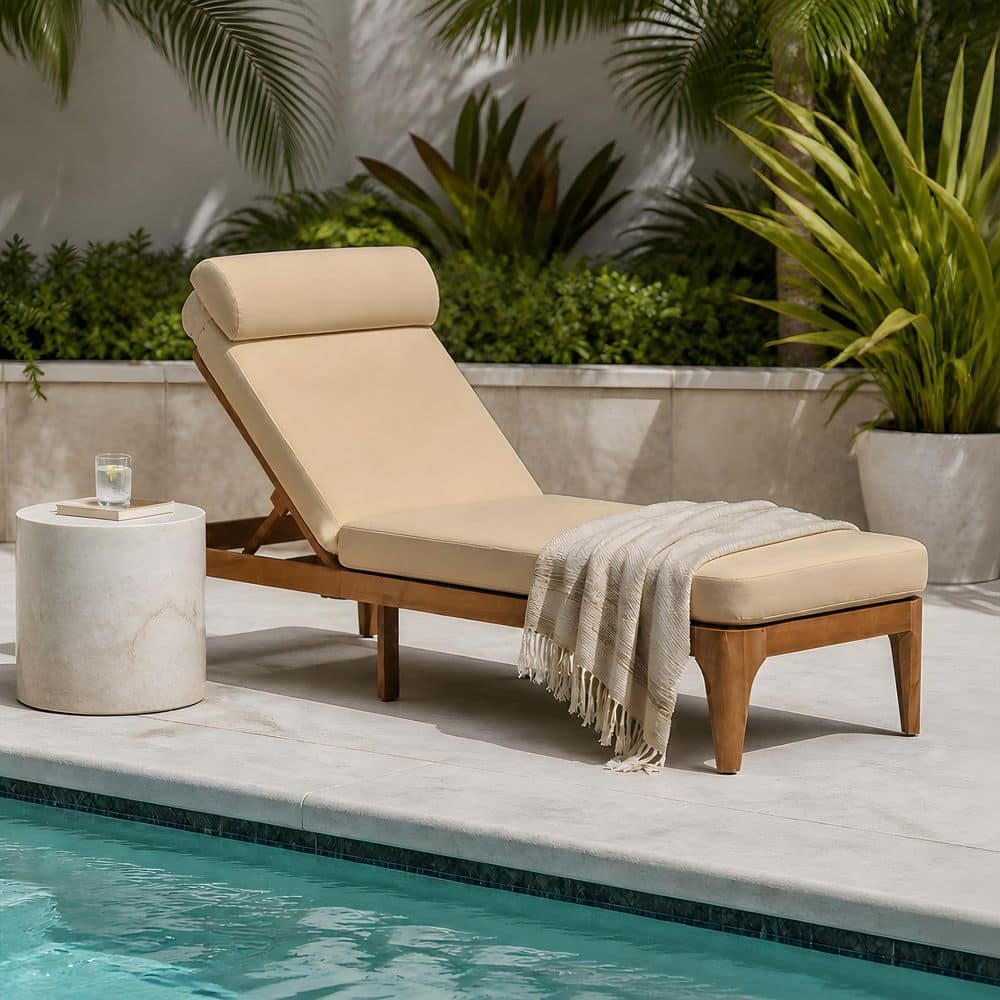 Brown Acacia Wood Outdoor Chaise Lounge Chair, Patio Recliner with Adjustable Backrest and Brown Cushion for Poolside price history on PriceWatchPro