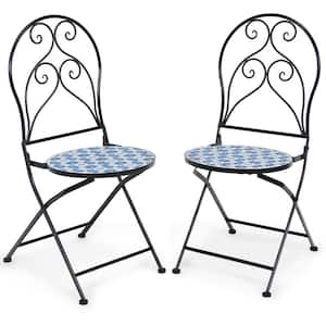 2-Piece Blue Ceramic Patio Folding Mosaic Bistro Chairs Garden Stool Flower Pattern Seat Garden