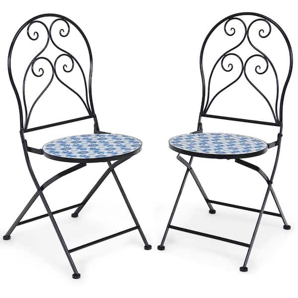 Costway 2-Piece Blue Ceramic Patio Folding Mosaic Bistro Chairs Garden Stool Flower Pattern Seat Garden