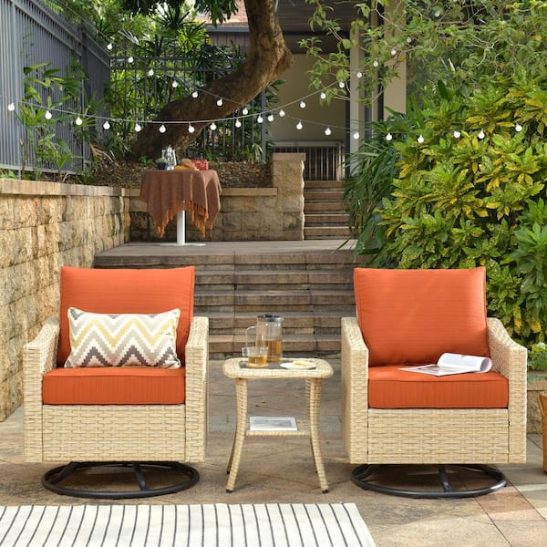 weaxty W Camelia Beige 3-Piece Wicker Patio Swivel Rocking Chairs Seating Set with Cafe Table and Orang Red CushionGuard Cushions
