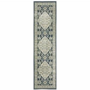 Teal Blue Ivory Green and Grey 2 ft. x 8 ft. Oriental Power Loom Stain Resistant Runner Rug