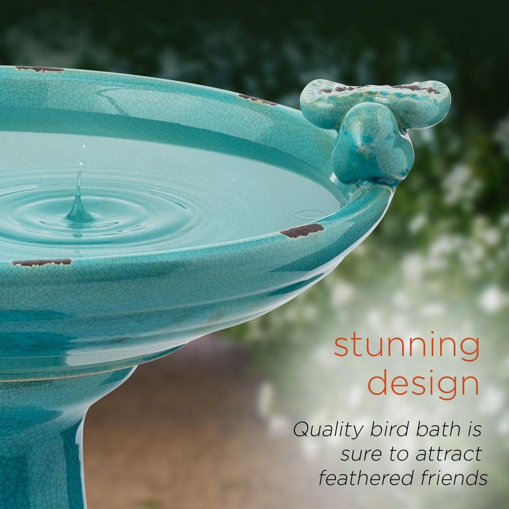 Turquoise Ceramic Pedestal Bird Bath with Bird Figurines
