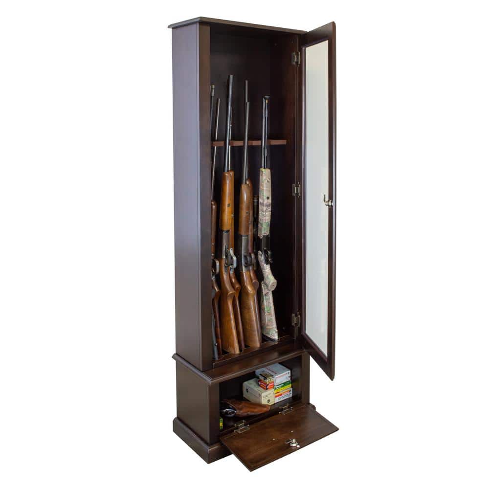 Dark Brown Solid Wood 8-Gun Display Cabinet with Locking Glass Door