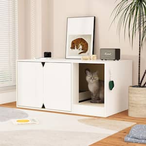 Modern Cat Litter Box Enclosure, Large Stackable Cat Washroom Storage Cabinet with Litter Catch Box, Log with White