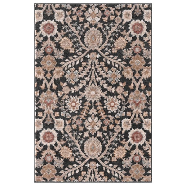 Nepal 3 ft. x 4 ft. Black Floral Scatter Rug