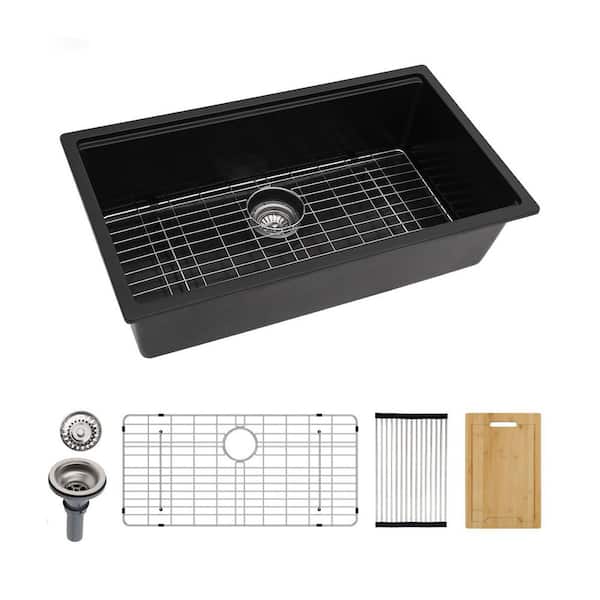 Logmey 33 in. Undermount Single Bowl Black Quartz Composite Workstation Kitchen Sink with Bottom Grids and Cutting Board