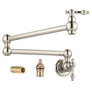 Wall Mounted Pot Filler with 2-Handles Double Joint Swing Arm in Polished Nickel