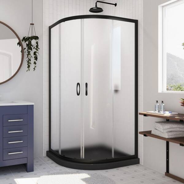 DreamLine Prime 36 in. W x 74-3/4 in. H Neo Angle Sliding Semi-Frameless Corner Shower Enclosure in Matte Black with Frosted Glass