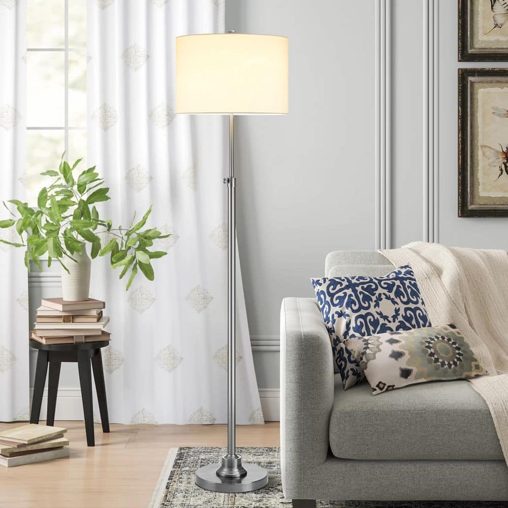 63.5" Brushed Nickel Adjustable Floor Lamp with White Linen Shade