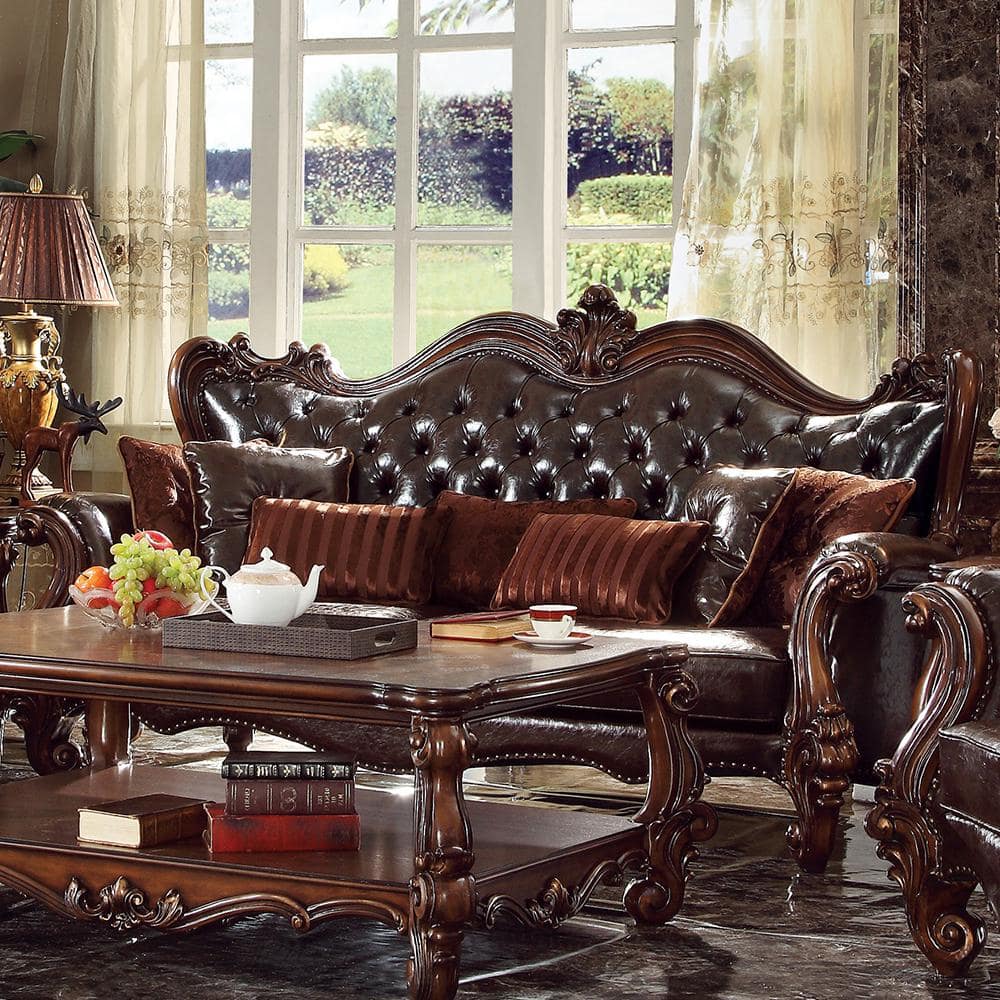 Versailles Dark Brown Leather Sofa with Cherry Oak Trim