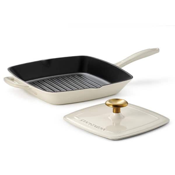 Bestow 11 in. Cast Iron Grill Pan With Lid-Latte with Gold Knob