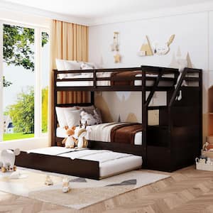 Espresso Twin Over Twin Wood Bunk Bed with Twin Size Trundle and Storage Stairs