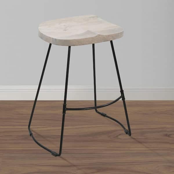 THE URBAN PORT Tiva 38 in. Whitewashed and Black Backless Metal Frame Handcrafted Counter Height Stool with Wooden Seat