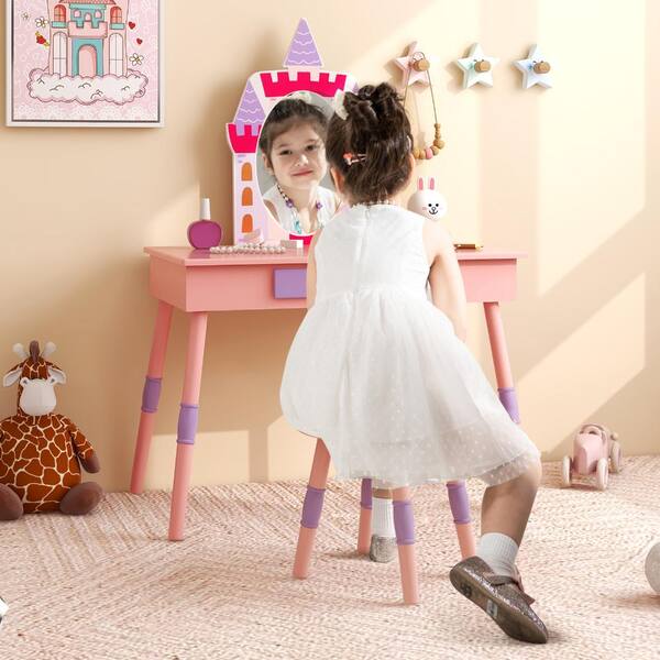 Bunpeony Kids Pink Castle Vanity Table and Stool Set with Real