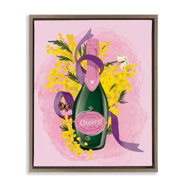 Stupell Industries Floral Champagne Bottle by Be Ni La Brown Floater Frame Food Graphic Art Print 31 in. x 25 in.