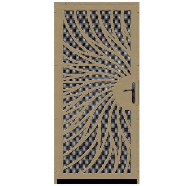 Unique Home Designs 36 in. x 80 in. Solstice Tan Surface Mount Steel Security Door with Black Perforated Screen and Bronze Hardware