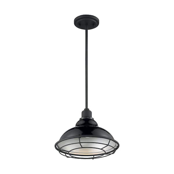 SATCO Newbridge 60-Watt 1-Light Gloss Black and Silver Bell Pendant Light with Metal Shade and No Bulbs Included