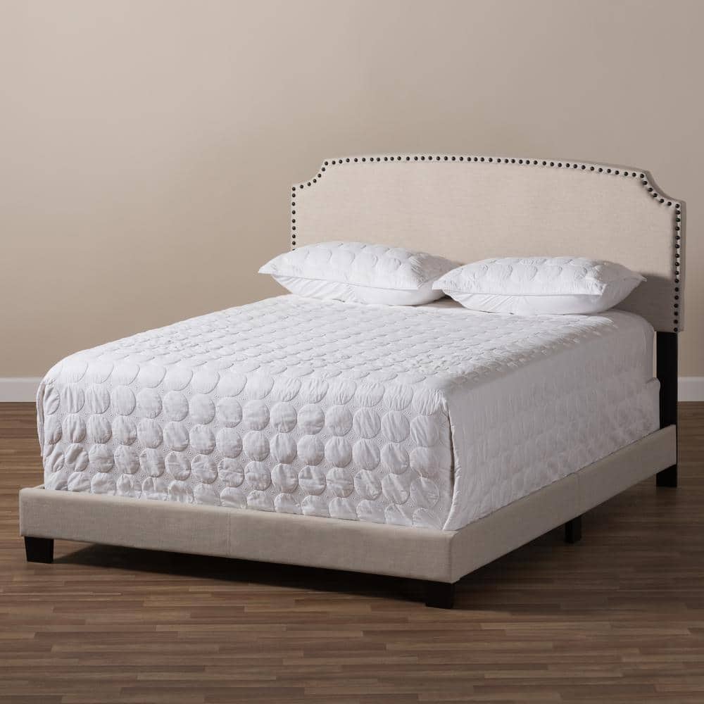 Light Beige Upholstered King Bed with Nailhead Trim