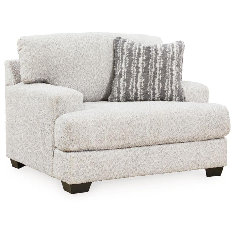 Front three-quarter view of the Brebryan gray polyester chair and a half.
