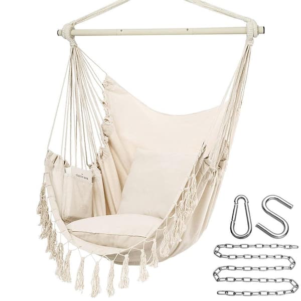 Beige 4.4 ft. Portable Hammock Chair Hanging Rope Swing, Max 500 lbs., 2 Cushions Included with Pocket, Cotton Weave