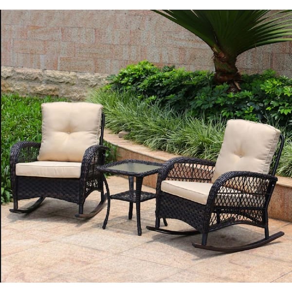 Unbranded 3-Piece Wicker Patio Conversation Set, Rattan Rocking Bistro Set with Beige Cushions and Side Table