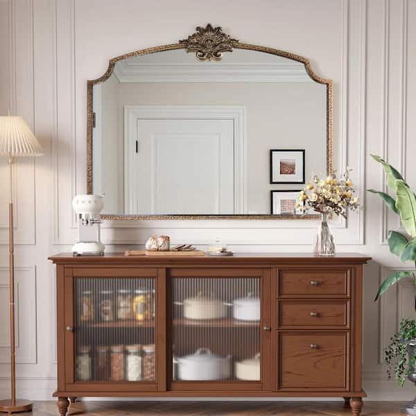 36 in. W x 29 in. H Unique Arched Ornate Baroque Vintage Gold Framed Accent Decorative Wall Mirror