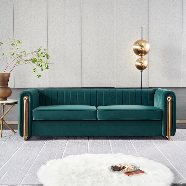 Solitary Modern 84.25 in. Round Arm Velvet Upholstery Rectangle Sofa in Green with Tufted Back, Gold Metal Legs