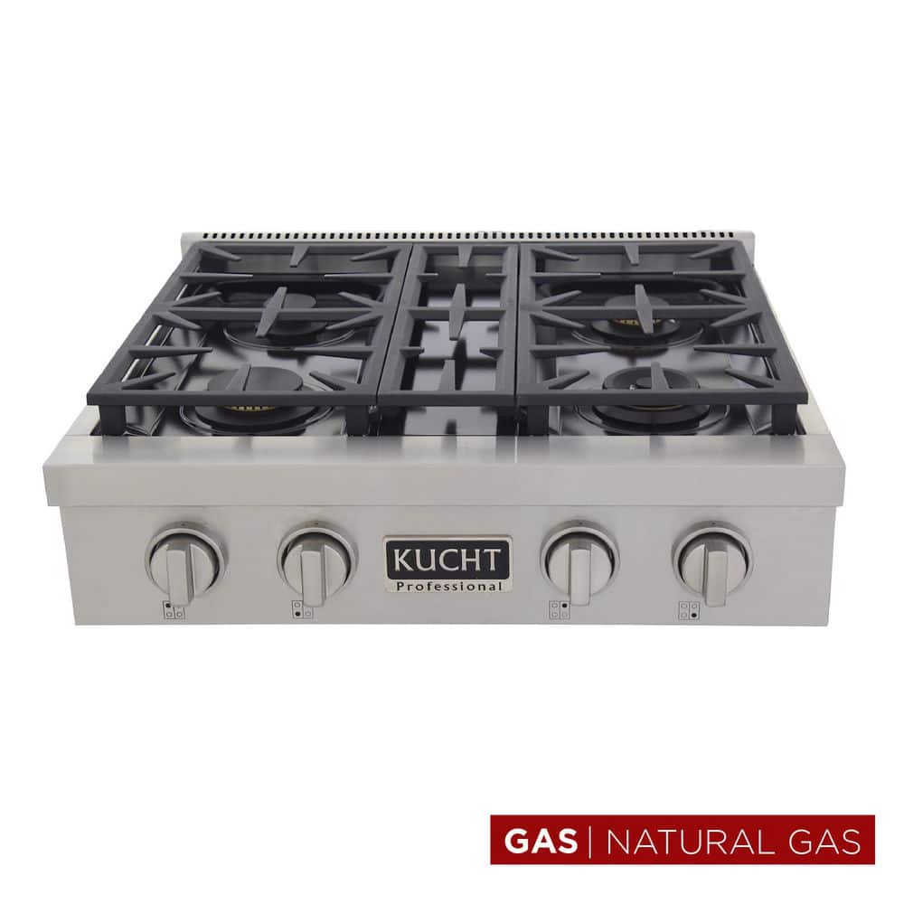 Professional 30 in. Natural Gas Range Top in Stainless Steel and Classic Silver Knobs with 4 Burners