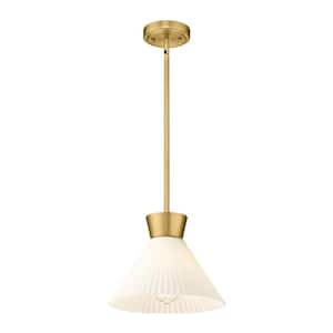 60-Watt 1-Light White And Gold Finish Modern Pendant Light with Frosted Striped Glass Shape, No Bulbs Included