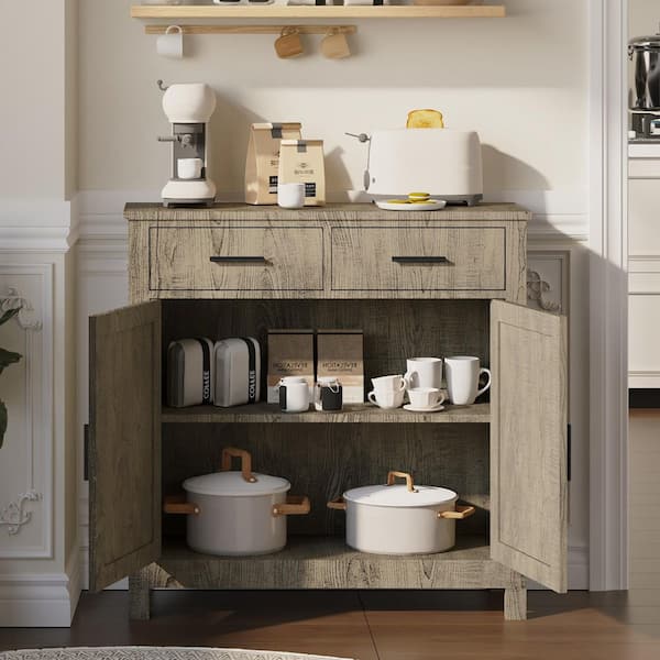 31.5 in. W Pantry Organizer Farmhouse Kitchen Storage Cabinet in Gray with 2-Drawers and Doors