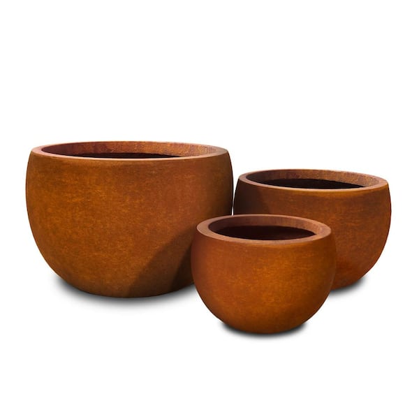 KANTE 20 in., 16 in. and 12 in. W Iron Oxide Concrete Round Elegant Planters (Set of 3), Outdoor Indoor with Drainage Hole